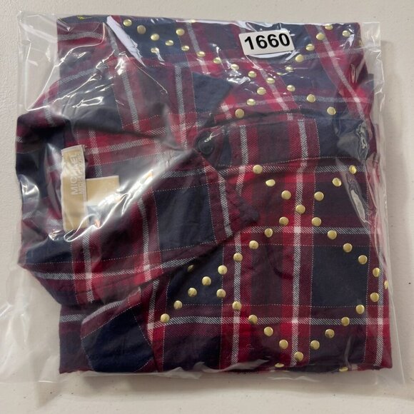 Michael Kors Plaid Studded Button Down Shirt Women’s Large Red Navy - Picture 10 of 10